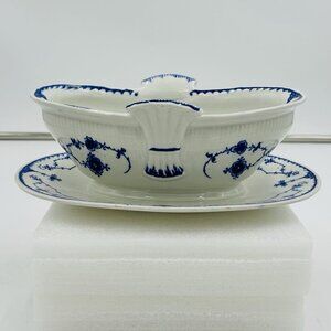 Blue Fluted Plain Sauce Gravy Pitcher Porcelain Vintage Blue White One-Piece
